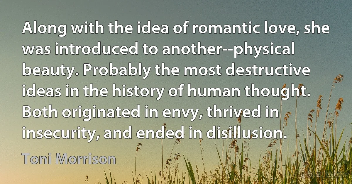 Along with the idea of romantic love, she was introduced to another--physical beauty. Probably the most destructive ideas in the history of human thought. Both originated in envy, thrived in insecurity, and ended in disillusion. (Toni Morrison)