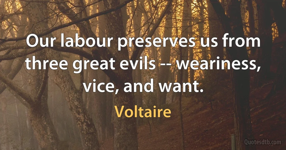 Our labour preserves us from three great evils -- weariness, vice, and want. (Voltaire)