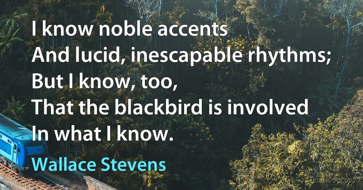 I know noble accents
And lucid, inescapable rhythms;
But I know, too,
That the blackbird is involved
In what I know. (Wallace Stevens)