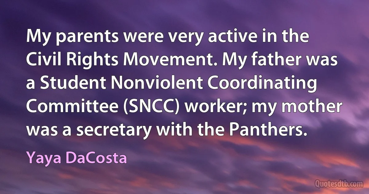 My parents were very active in the Civil Rights Movement. My father was a Student Nonviolent Coordinating Committee (SNCC) worker; my mother was a secretary with the Panthers. (Yaya DaCosta)