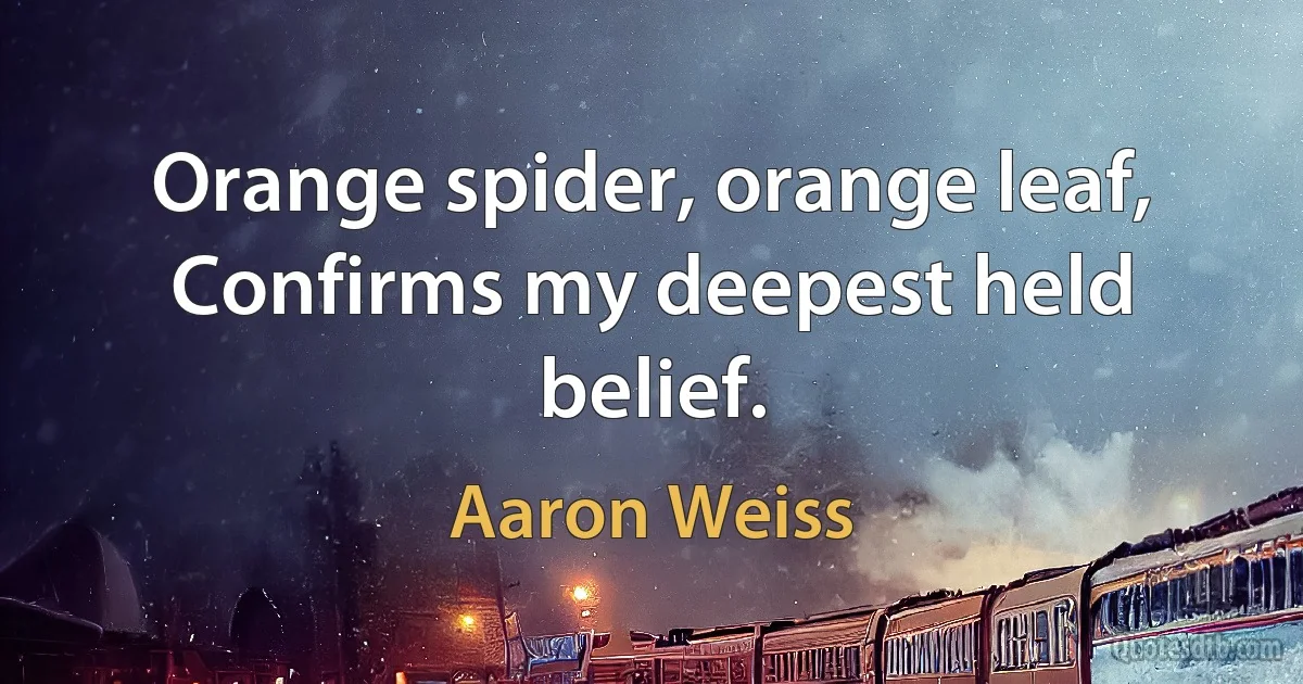 Orange spider, orange leaf,
Confirms my deepest held belief. (Aaron Weiss)