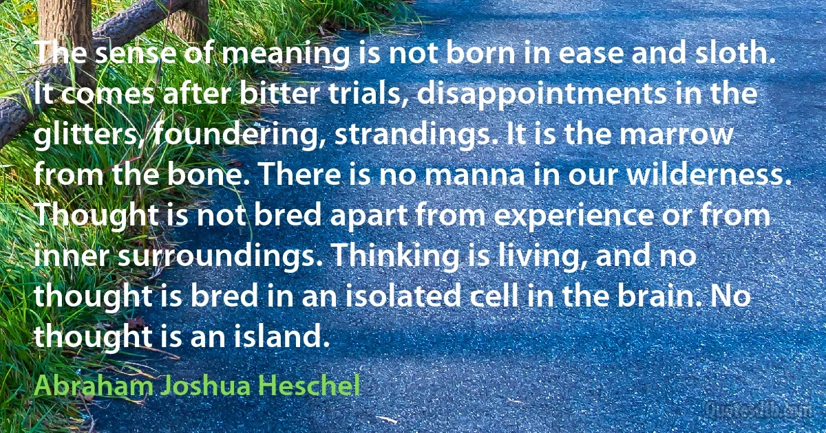 The sense of meaning is not born in ease and sloth. It comes after bitter trials, disappointments in the glitters, foundering, strandings. It is the marrow from the bone. There is no manna in our wilderness.
Thought is not bred apart from experience or from inner surroundings. Thinking is living, and no thought is bred in an isolated cell in the brain. No thought is an island. (Abraham Joshua Heschel)