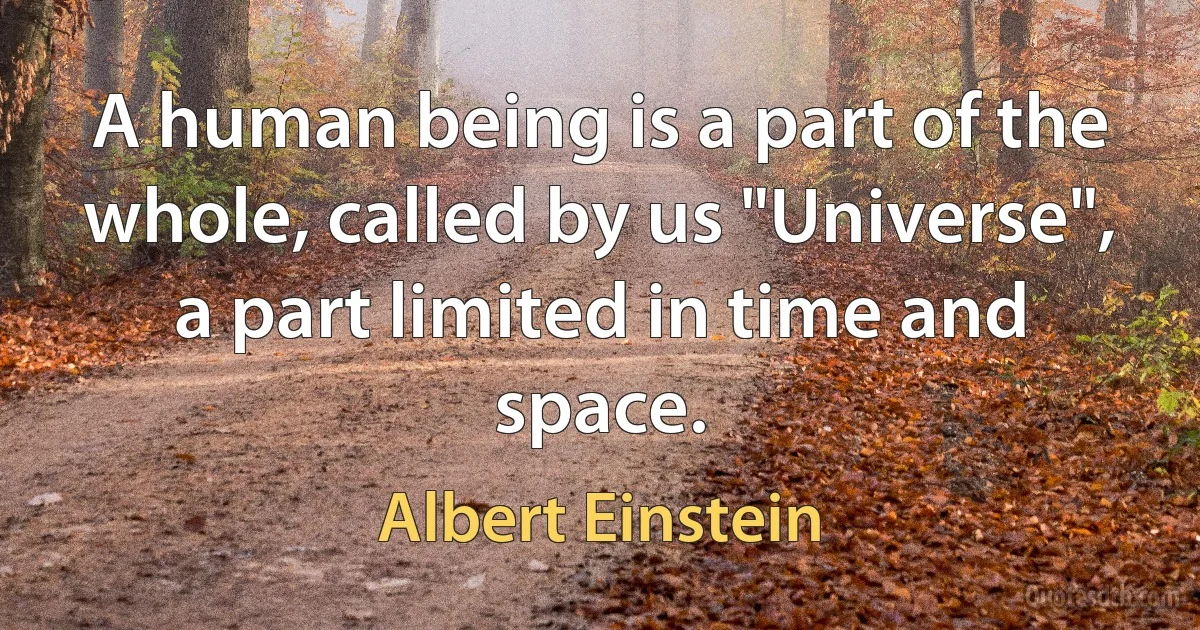 A human being is a part of the whole, called by us "Universe", a part limited in time and space. (Albert Einstein)