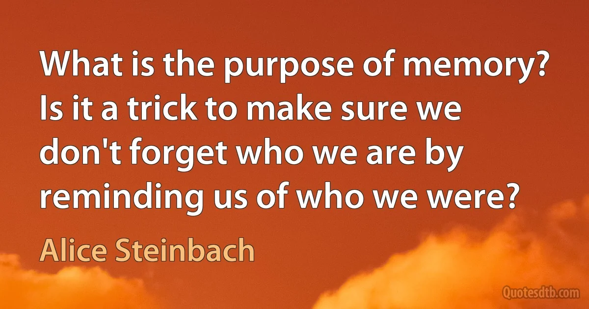 What is the purpose of memory? Is it a trick to make sure we don't forget who we are by reminding us of who we were? (Alice Steinbach)