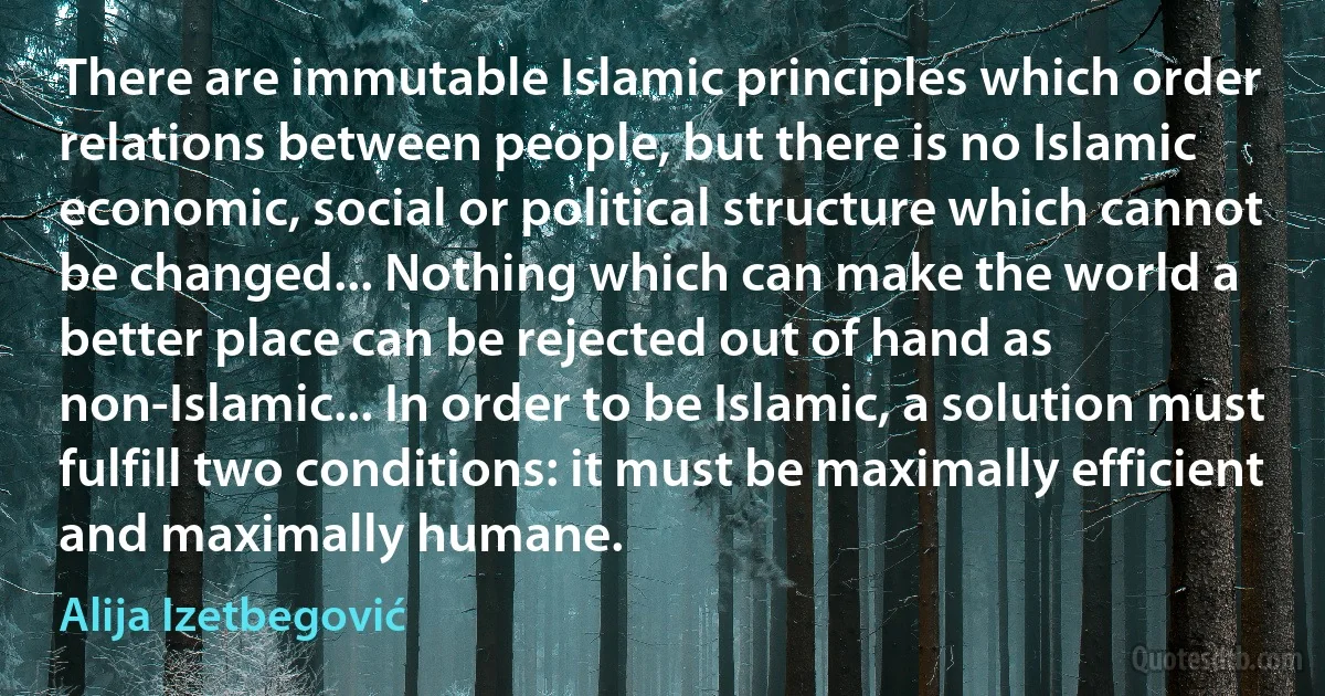 There are immutable Islamic principles which order relations between people, but there is no Islamic economic, social or political structure which cannot be changed... Nothing which can make the world a better place can be rejected out of hand as non-Islamic... In order to be Islamic, a solution must fulfill two conditions: it must be maximally efficient and maximally humane. (Alija Izetbegović)