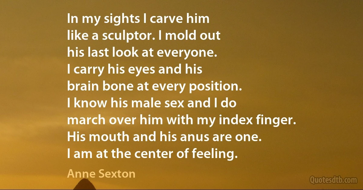 In my sights I carve him
like a sculptor. I mold out
his last look at everyone.
I carry his eyes and his
brain bone at every position.
I know his male sex and I do
march over him with my index finger.
His mouth and his anus are one.
I am at the center of feeling. (Anne Sexton)