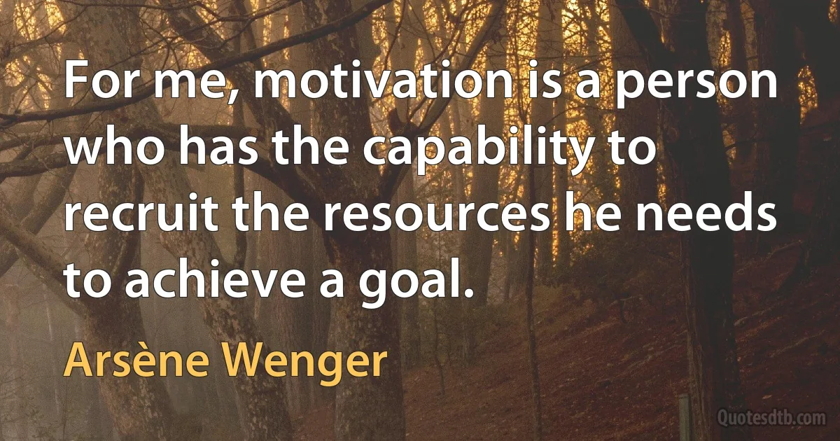 For me, motivation is a person who has the capability to recruit the resources he needs to achieve a goal. (Arsène Wenger)