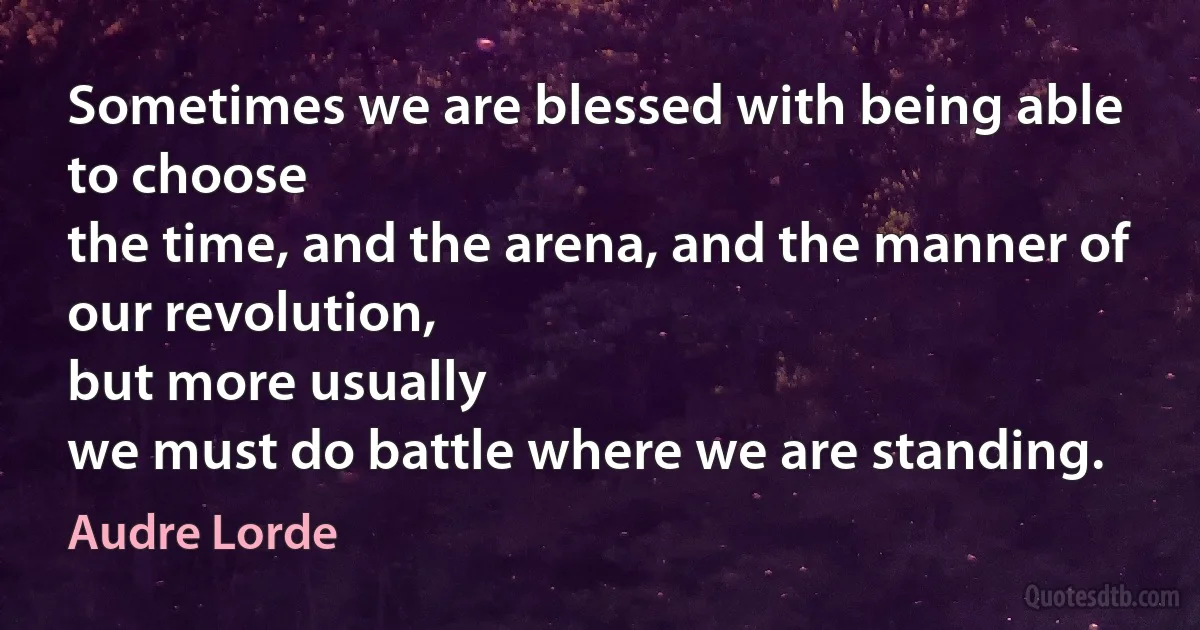 Sometimes we are blessed with being able to choose
the time, and the arena, and the manner of our revolution,
but more usually
we must do battle where we are standing. (Audre Lorde)