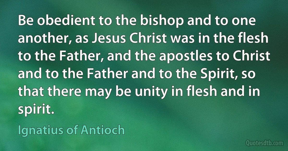 Be obedient to the bishop and to one another, as Jesus Christ was in the flesh to the Father, and the apostles to Christ and to the Father and to the Spirit, so that there may be unity in flesh and in spirit. (Ignatius of Antioch)