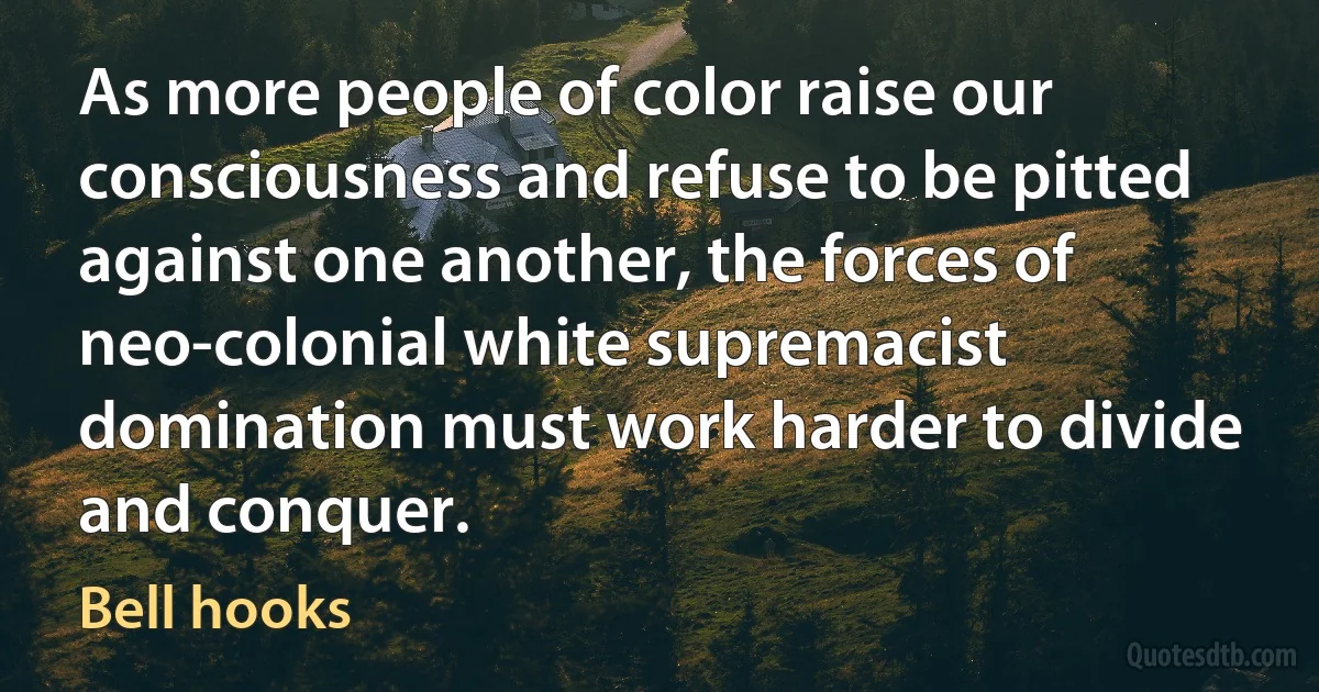 As more people of color raise our consciousness and refuse to be pitted against one another, the forces of neo-colonial white supremacist domination must work harder to divide and conquer. (Bell hooks)