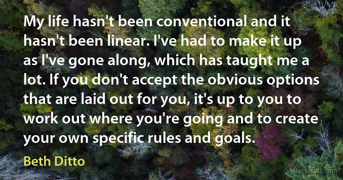 My life hasn't been conventional and it hasn't been linear. I've had to make it up as I've gone along, which has taught me a lot. If you don't accept the obvious options that are laid out for you, it's up to you to work out where you're going and to create your own specific rules and goals. (Beth Ditto)