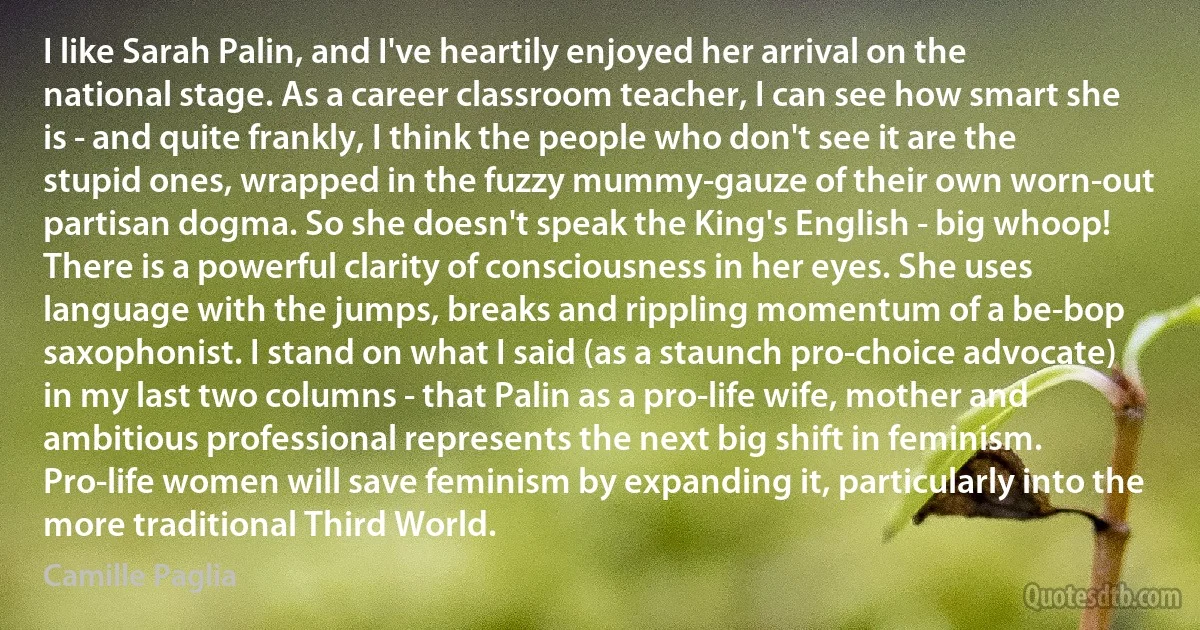 I like Sarah Palin, and I've heartily enjoyed her arrival on the national stage. As a career classroom teacher, I can see how smart she is - and quite frankly, I think the people who don't see it are the stupid ones, wrapped in the fuzzy mummy-gauze of their own worn-out partisan dogma. So she doesn't speak the King's English - big whoop! There is a powerful clarity of consciousness in her eyes. She uses language with the jumps, breaks and rippling momentum of a be-bop saxophonist. I stand on what I said (as a staunch pro-choice advocate) in my last two columns - that Palin as a pro-life wife, mother and ambitious professional represents the next big shift in feminism. Pro-life women will save feminism by expanding it, particularly into the more traditional Third World. (Camille Paglia)