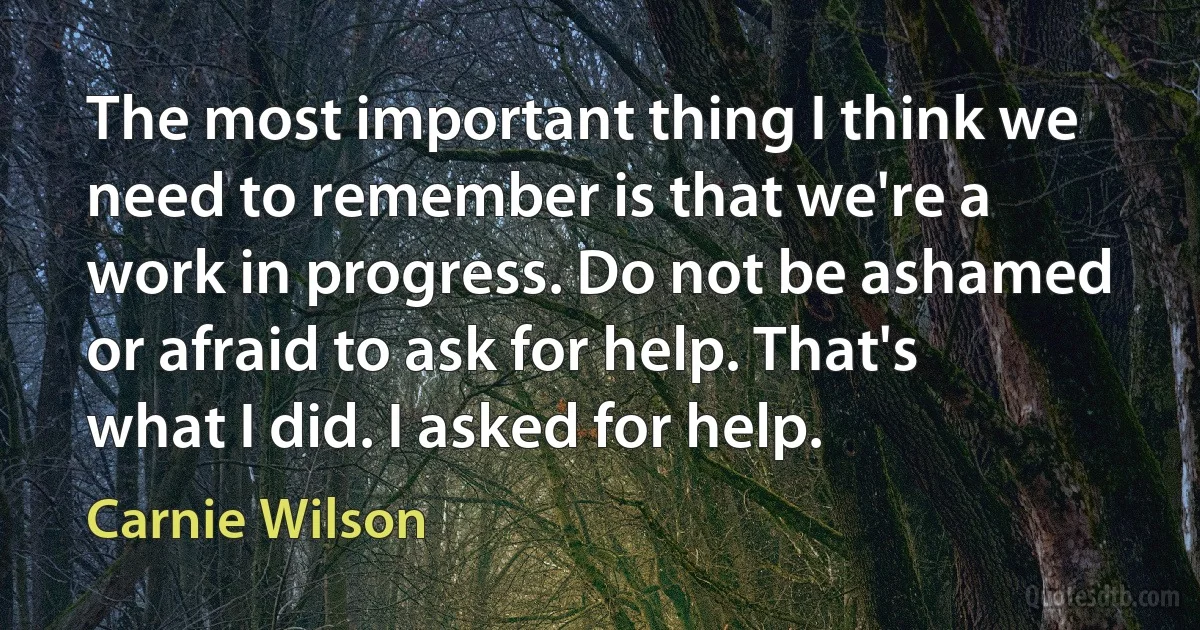 The most important thing I think we need to remember is that we're a work in progress. Do not be ashamed or afraid to ask for help. That's what I did. I asked for help. (Carnie Wilson)