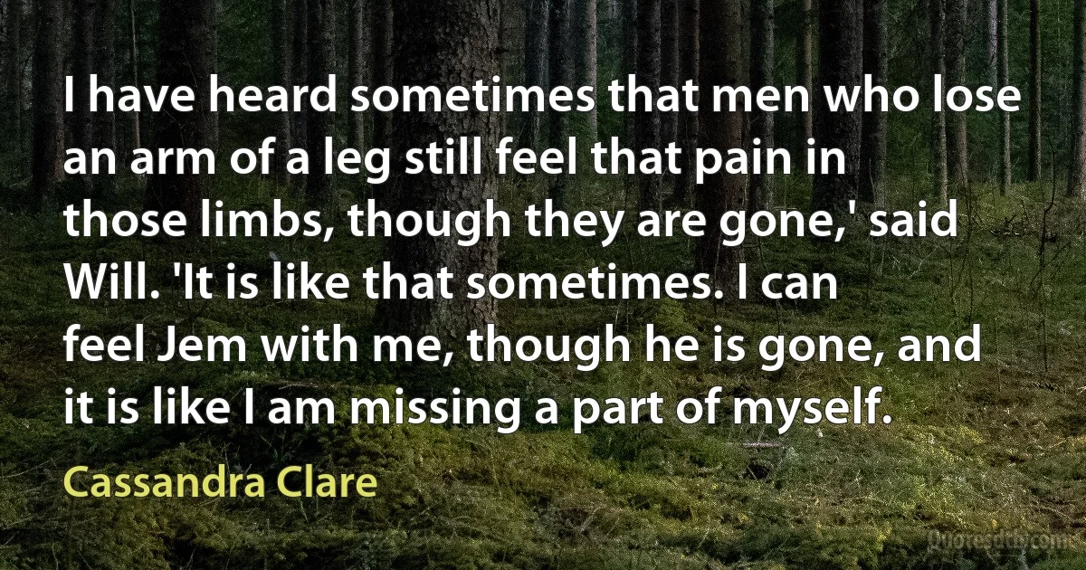 I have heard sometimes that men who lose an arm of a leg still feel that pain in those limbs, though they are gone,' said Will. 'It is like that sometimes. I can feel Jem with me, though he is gone, and it is like I am missing a part of myself. (Cassandra Clare)