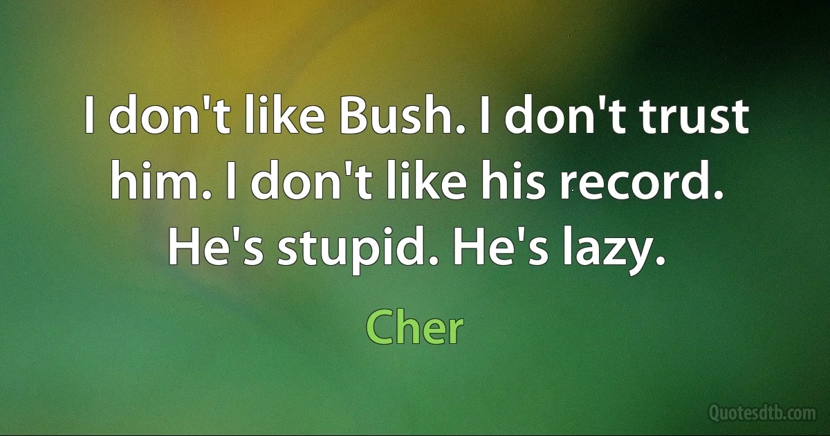 I don't like Bush. I don't trust him. I don't like his record. He's stupid. He's lazy. (Cher)