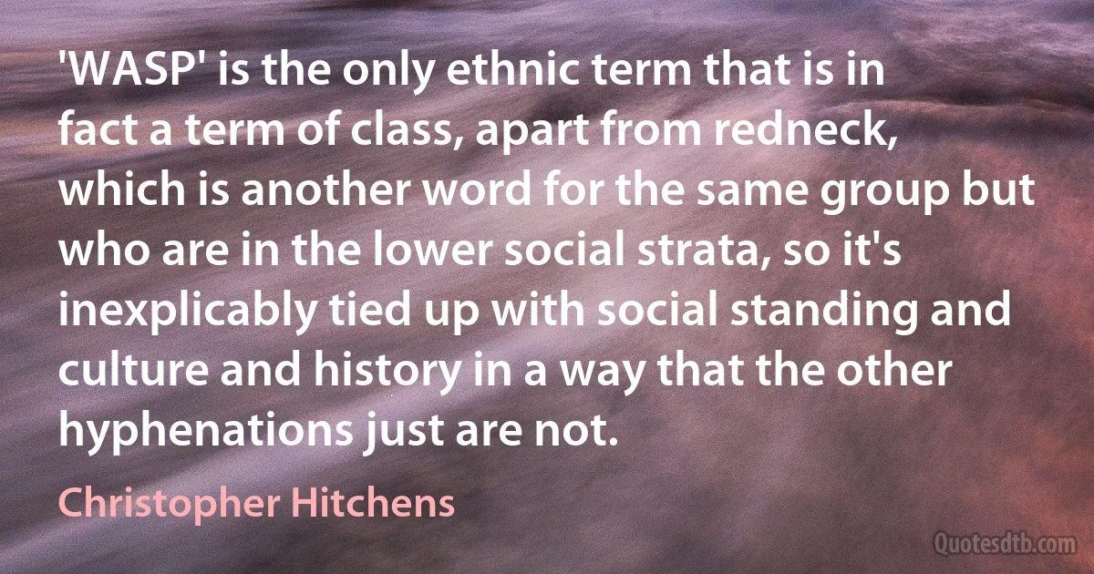 'WASP' is the only ethnic term that is in fact a term of class, apart from redneck, which is another word for the same group but who are in the lower social strata, so it's inexplicably tied up with social standing and culture and history in a way that the other hyphenations just are not. (Christopher Hitchens)