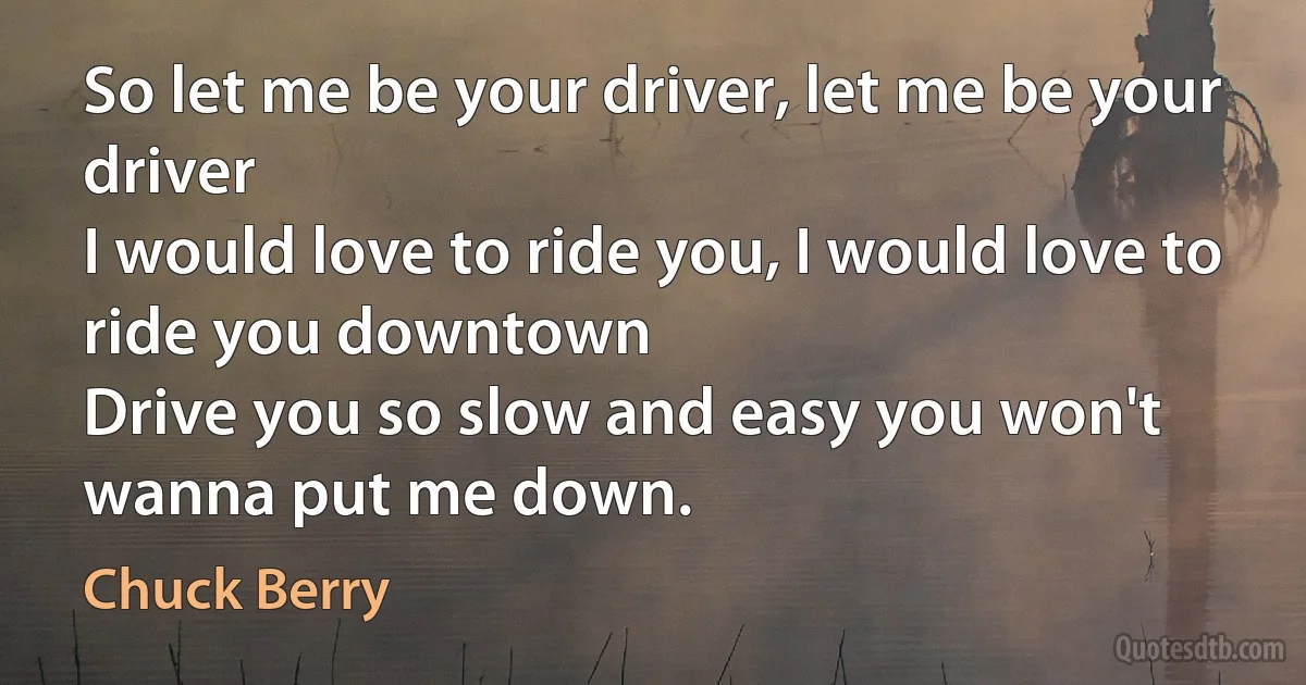 So let me be your driver, let me be your driver
I would love to ride you, I would love to ride you downtown
Drive you so slow and easy you won't wanna put me down. (Chuck Berry)