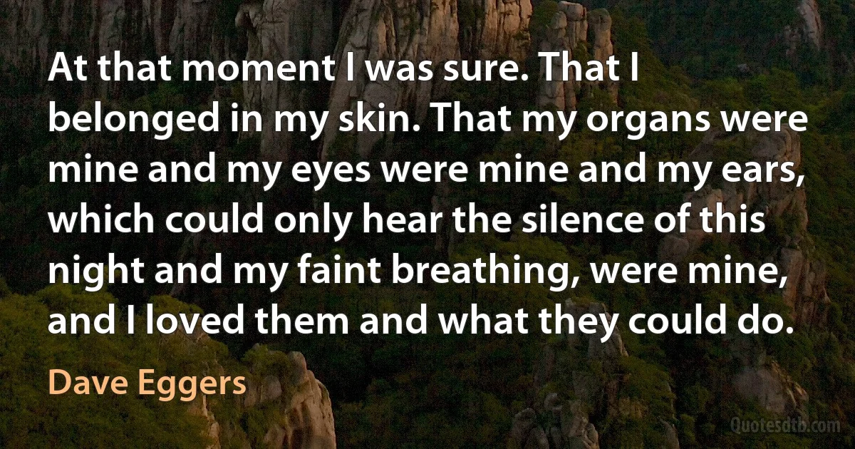 At that moment I was sure. That I belonged in my skin. That my organs were mine and my eyes were mine and my ears, which could only hear the silence of this night and my faint breathing, were mine, and I loved them and what they could do. (Dave Eggers)