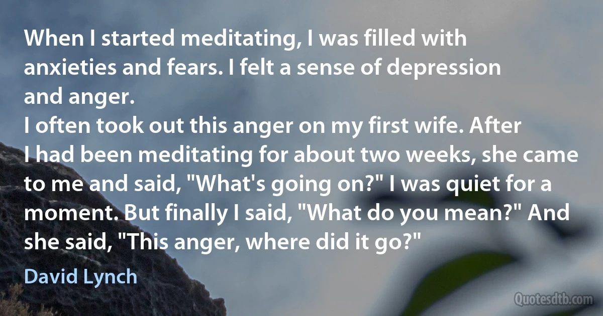 When I started meditating, I was filled with anxieties and fears. I felt a sense of depression and anger.
I often took out this anger on my first wife. After I had been meditating for about two weeks, she came to me and said, "What's going on?" I was quiet for a moment. But finally I said, "What do you mean?" And she said, "This anger, where did it go?" (David Lynch)