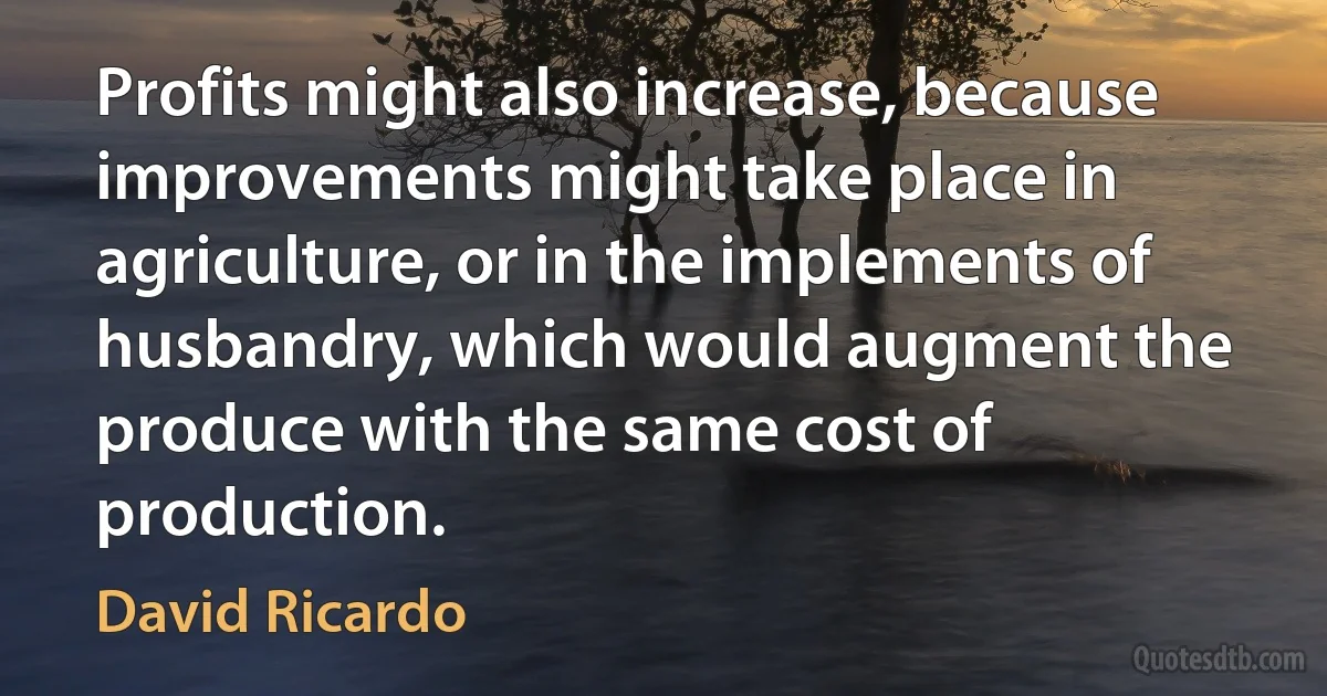 Profits might also increase, because improvements might take place in agriculture, or in the implements of husbandry, which would augment the produce with the same cost of production. (David Ricardo)