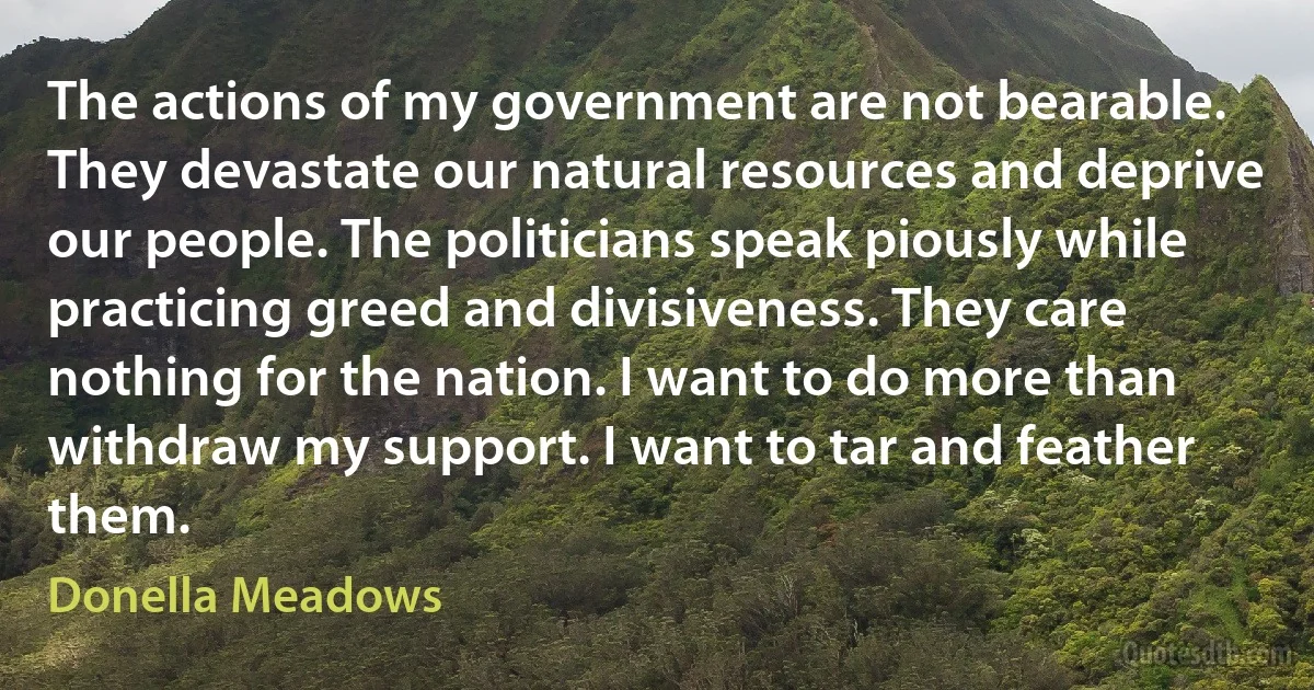 The actions of my government are not bearable. They devastate our natural resources and deprive our people. The politicians speak piously while practicing greed and divisiveness. They care nothing for the nation. I want to do more than withdraw my support. I want to tar and feather them. (Donella Meadows)