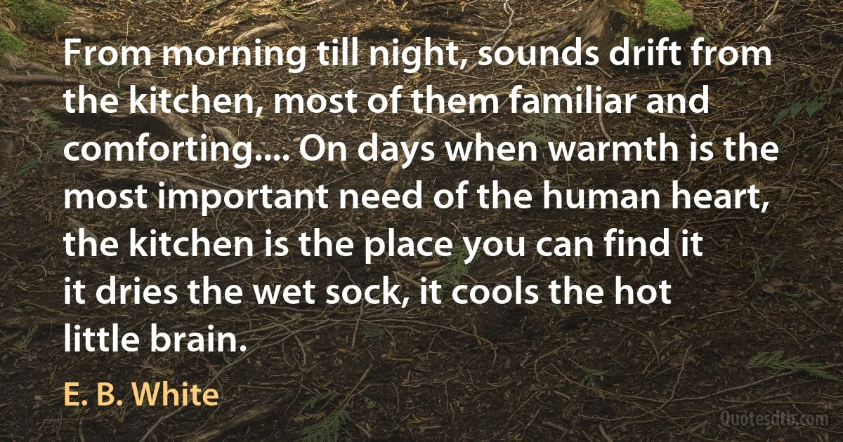 From morning till night, sounds drift from the kitchen, most of them familiar and comforting.... On days when warmth is the most important need of the human heart, the kitchen is the place you can find it it dries the wet sock, it cools the hot little brain. (E. B. White)