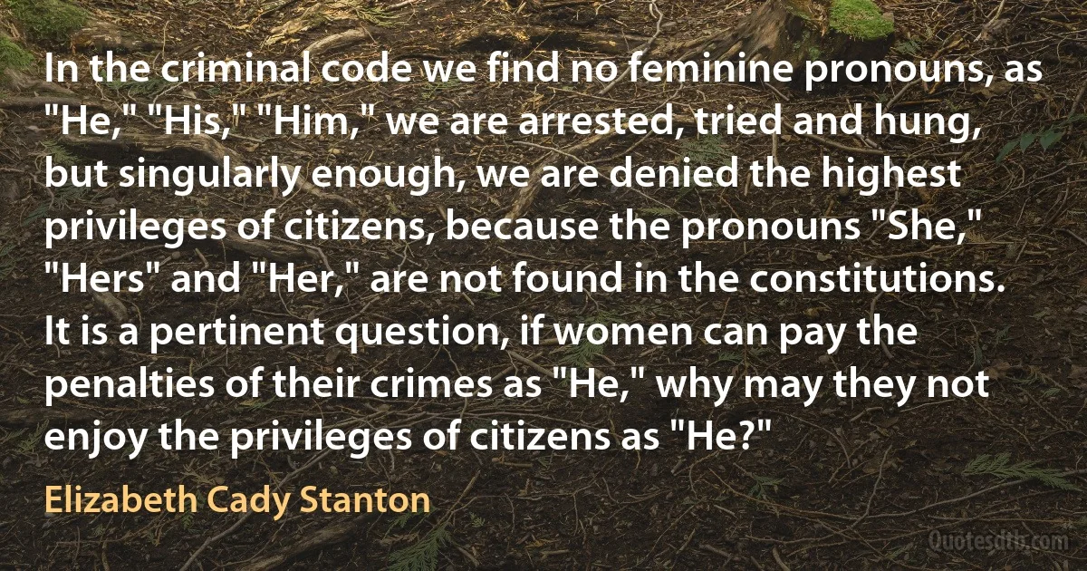 In the criminal code we find no feminine pronouns, as "He," "His," "Him," we are arrested, tried and hung, but singularly enough, we are denied the highest privileges of citizens, because the pronouns "She," "Hers" and "Her," are not found in the constitutions. It is a pertinent question, if women can pay the penalties of their crimes as "He," why may they not enjoy the privileges of citizens as "He?" (Elizabeth Cady Stanton)