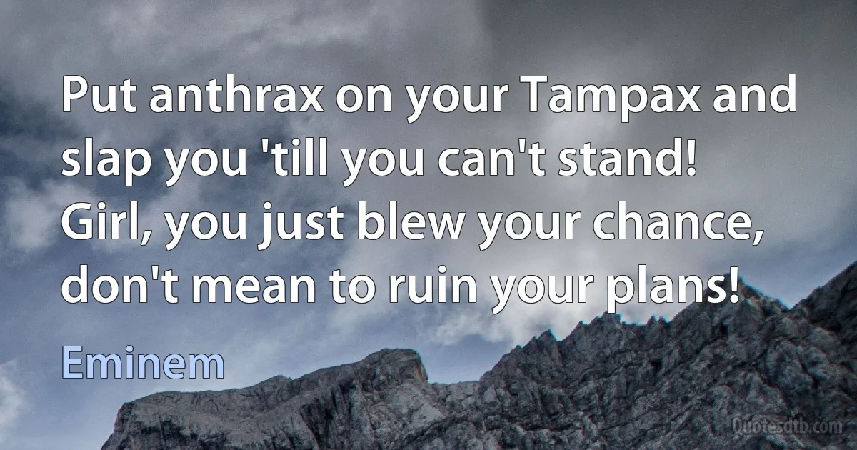 Put anthrax on your Tampax and slap you 'till you can't stand! Girl, you just blew your chance, don't mean to ruin your plans! (Eminem)