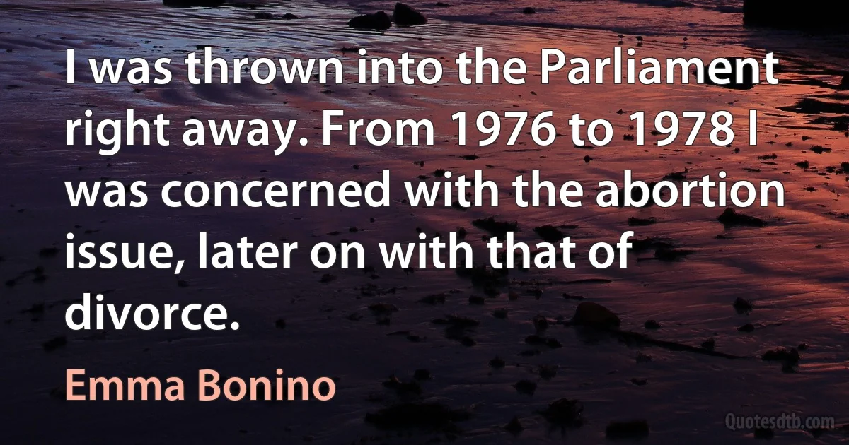 I was thrown into the Parliament right away. From 1976 to 1978 I was concerned with the abortion issue, later on with that of divorce. (Emma Bonino)