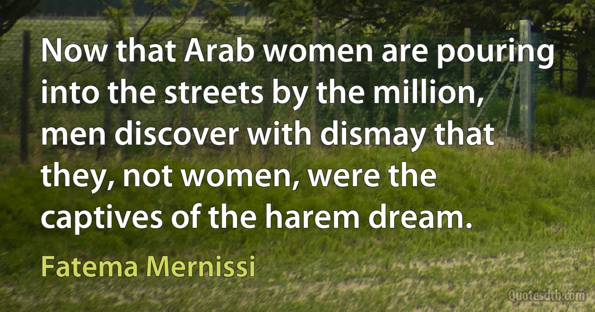 Now that Arab women are pouring into the streets by the million, men discover with dismay that they, not women, were the captives of the harem dream. (Fatema Mernissi)