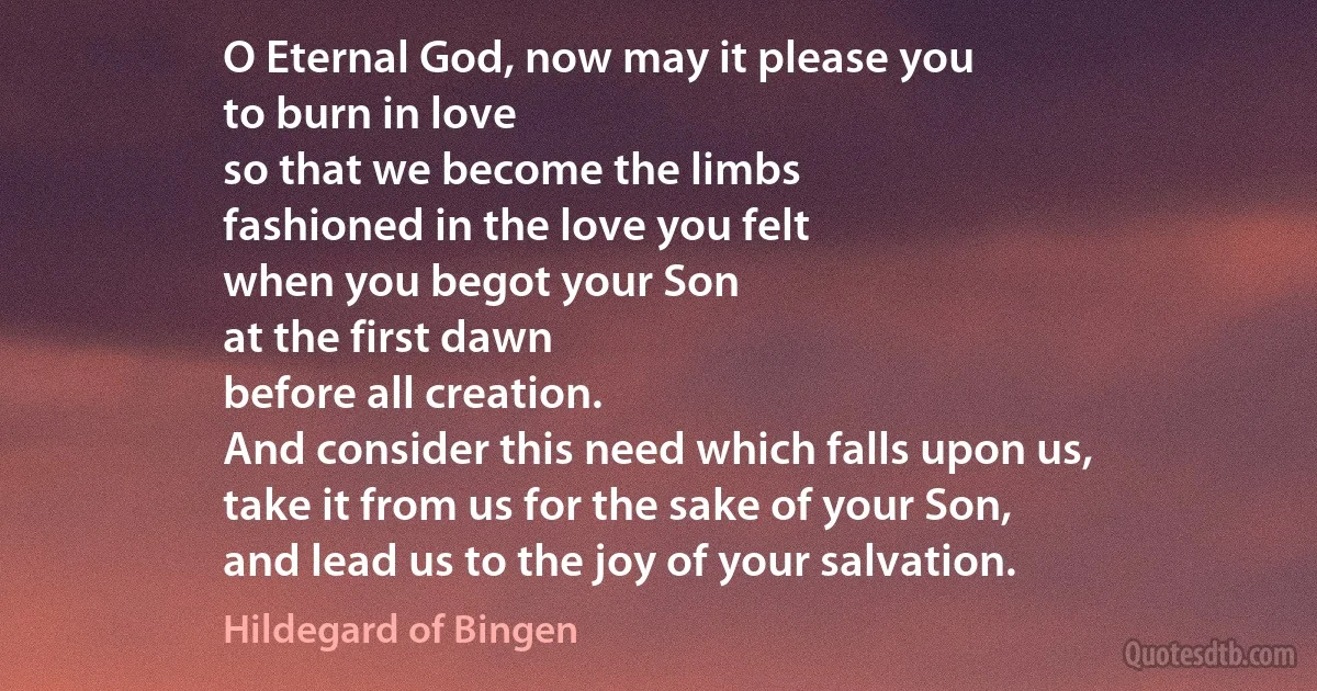 O Eternal God, now may it please you
to burn in love
so that we become the limbs
fashioned in the love you felt
when you begot your Son
at the first dawn
before all creation.
And consider this need which falls upon us,
take it from us for the sake of your Son,
and lead us to the joy of your salvation. (Hildegard of Bingen)