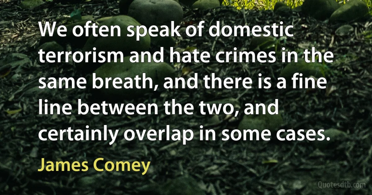 We often speak of domestic terrorism and hate crimes in the same breath, and there is a fine line between the two, and certainly overlap in some cases. (James Comey)