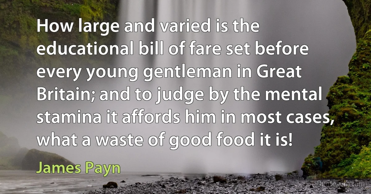 How large and varied is the educational bill of fare set before every young gentleman in Great Britain; and to judge by the mental stamina it affords him in most cases, what a waste of good food it is! (James Payn)