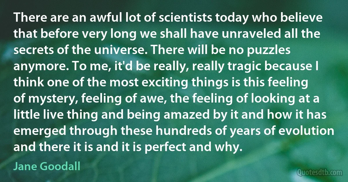 There are an awful lot of scientists today who believe that before very long we shall have unraveled all the secrets of the universe. There will be no puzzles anymore. To me, it'd be really, really tragic because I think one of the most exciting things is this feeling of mystery, feeling of awe, the feeling of looking at a little live thing and being amazed by it and how it has emerged through these hundreds of years of evolution and there it is and it is perfect and why. (Jane Goodall)