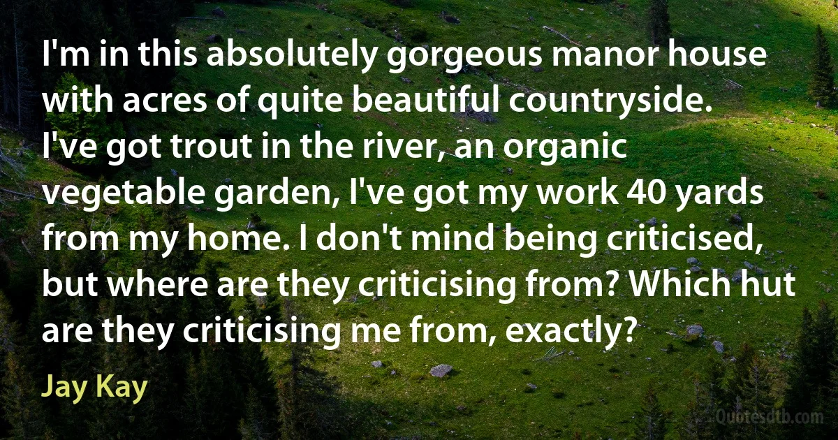 I'm in this absolutely gorgeous manor house with acres of quite beautiful countryside. I've got trout in the river, an organic vegetable garden, I've got my work 40 yards from my home. I don't mind being criticised, but where are they criticising from? Which hut are they criticising me from, exactly? (Jay Kay)