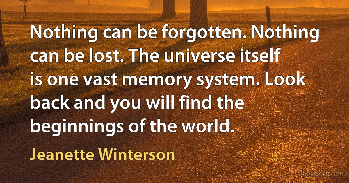 Nothing can be forgotten. Nothing can be lost. The universe itself is one vast memory system. Look back and you will find the beginnings of the world. (Jeanette Winterson)