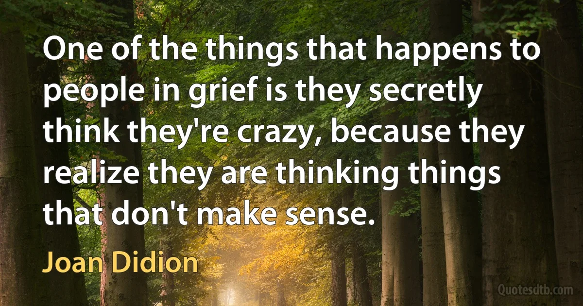 One of the things that happens to people in grief is they secretly think they're crazy, because they realize they are thinking things that don't make sense. (Joan Didion)