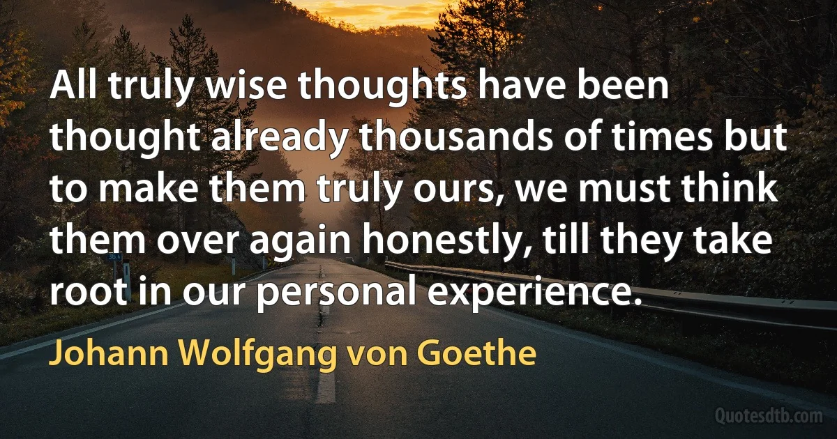 All truly wise thoughts have been thought already thousands of times but to make them truly ours, we must think them over again honestly, till they take root in our personal experience. (Johann Wolfgang von Goethe)