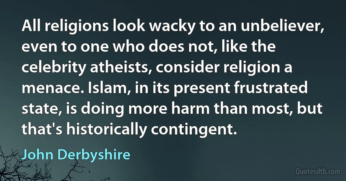 All religions look wacky to an unbeliever, even to one who does not, like the celebrity atheists, consider religion a menace. Islam, in its present frustrated state, is doing more harm than most, but that's historically contingent. (John Derbyshire)