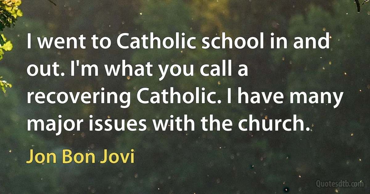 I went to Catholic school in and out. I'm what you call a recovering Catholic. I have many major issues with the church. (Jon Bon Jovi)