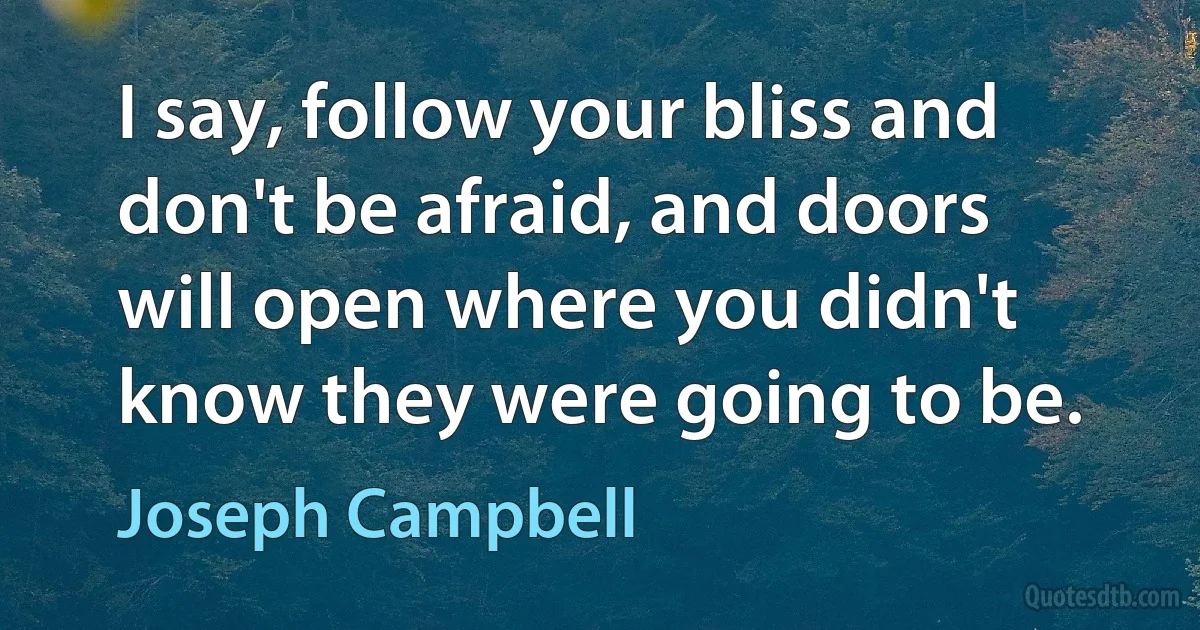 I say, follow your bliss and don't be afraid, and doors will open where you didn't know they were going to be. (Joseph Campbell)