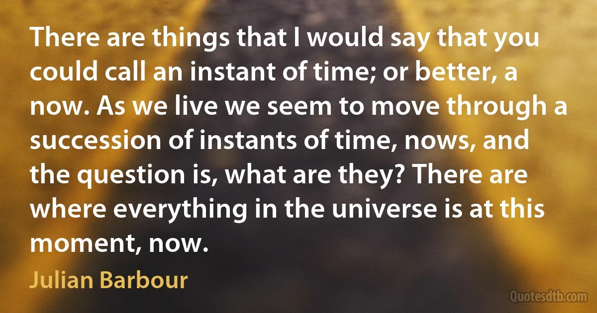 There are things that I would say that you could call an instant of time; or better, a now. As we live we seem to move through a succession of instants of time, nows, and the question is, what are they? There are where everything in the universe is at this moment, now. (Julian Barbour)