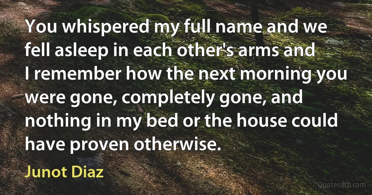 You whispered my full name and we fell asleep in each other's arms and I remember how the next morning you were gone, completely gone, and nothing in my bed or the house could have proven otherwise. (Junot Diaz)