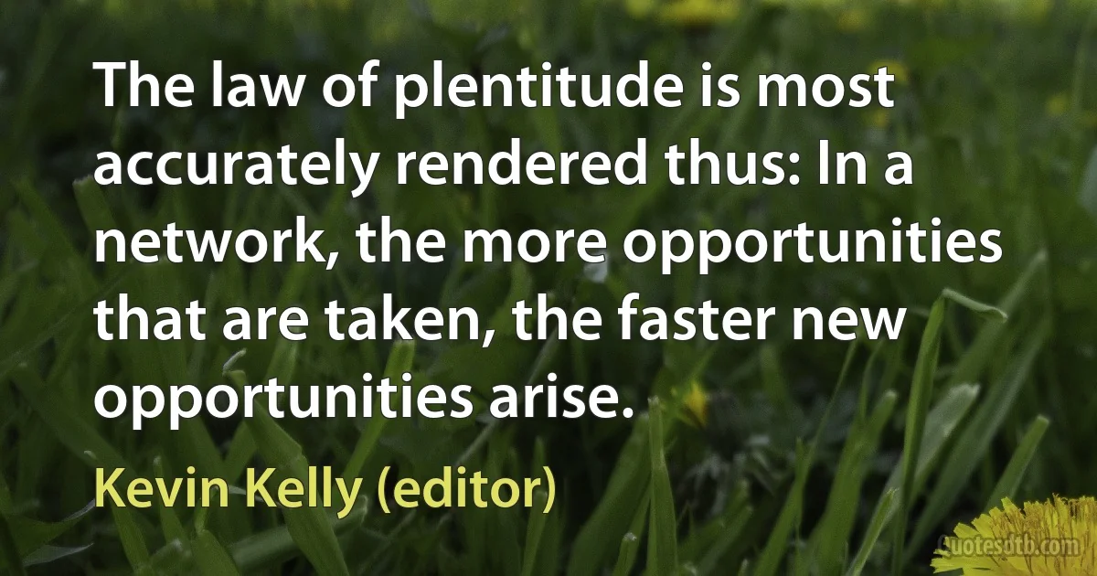 The law of plentitude is most accurately rendered thus: In a network, the more opportunities that are taken, the faster new opportunities arise. (Kevin Kelly (editor))