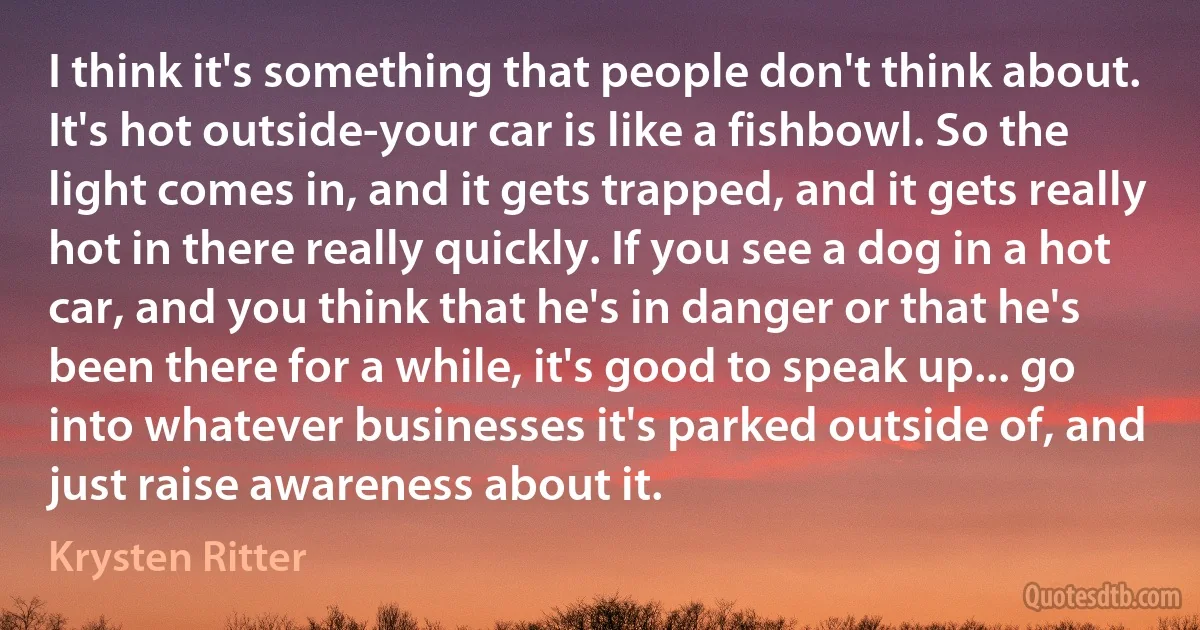 I think it's something that people don't think about. It's hot outside-your car is like a fishbowl. So the light comes in, and it gets trapped, and it gets really hot in there really quickly. If you see a dog in a hot car, and you think that he's in danger or that he's been there for a while, it's good to speak up... go into whatever businesses it's parked outside of, and just raise awareness about it. (Krysten Ritter)