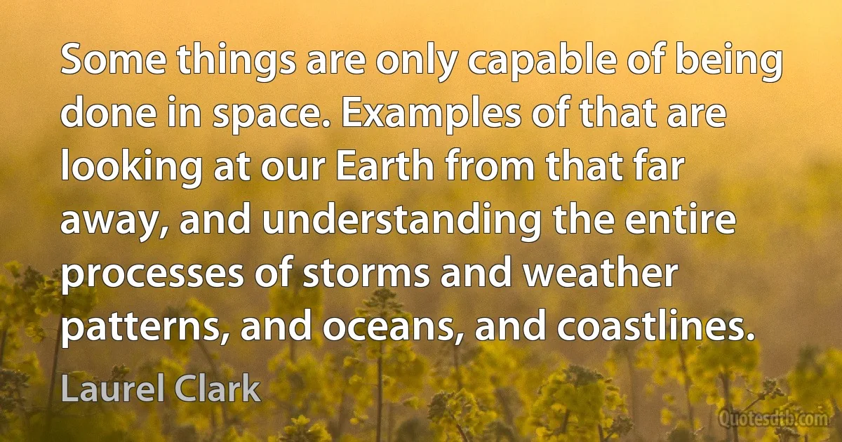 Some things are only capable of being done in space. Examples of that are looking at our Earth from that far away, and understanding the entire processes of storms and weather patterns, and oceans, and coastlines. (Laurel Clark)