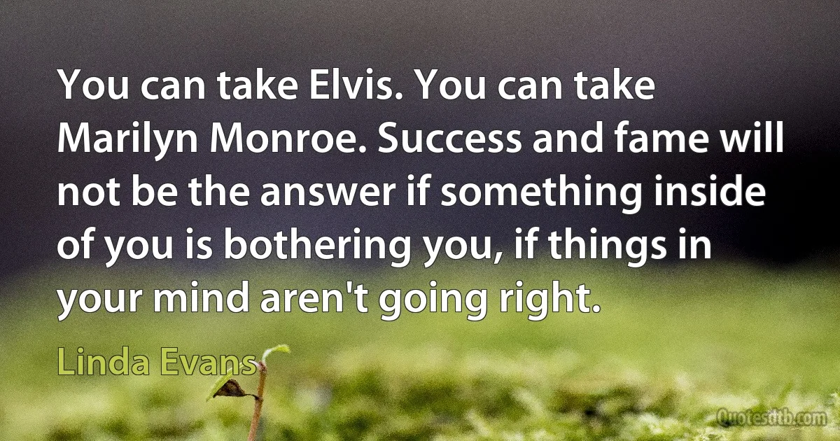 You can take Elvis. You can take Marilyn Monroe. Success and fame will not be the answer if something inside of you is bothering you, if things in your mind aren't going right. (Linda Evans)