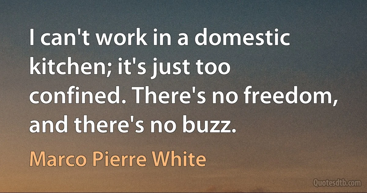 I can't work in a domestic kitchen; it's just too confined. There's no freedom, and there's no buzz. (Marco Pierre White)