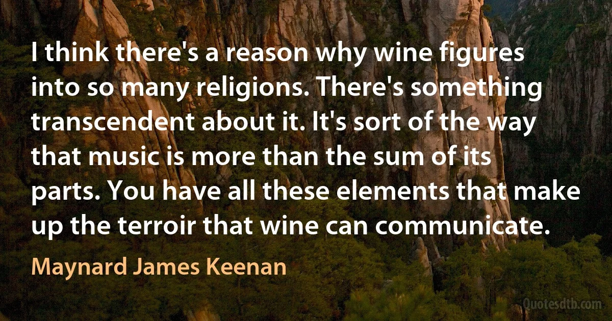 I think there's a reason why wine figures into so many religions. There's something transcendent about it. It's sort of the way that music is more than the sum of its parts. You have all these elements that make up the terroir that wine can communicate. (Maynard James Keenan)