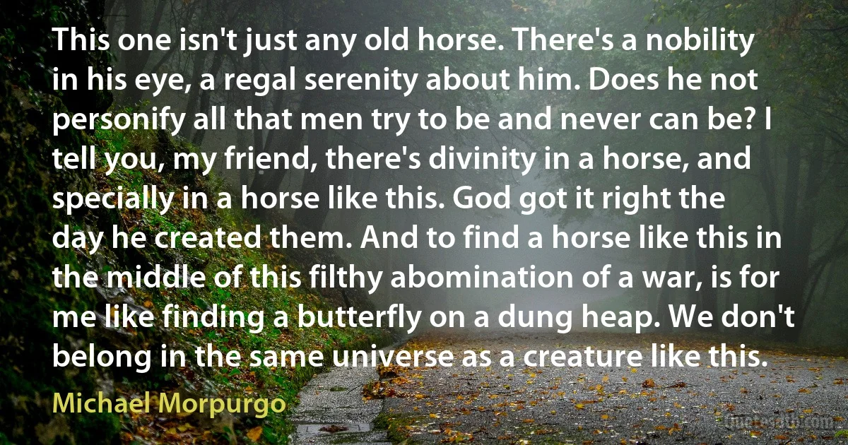 This one isn't just any old horse. There's a nobility in his eye, a regal serenity about him. Does he not personify all that men try to be and never can be? I tell you, my friend, there's divinity in a horse, and specially in a horse like this. God got it right the day he created them. And to find a horse like this in the middle of this filthy abomination of a war, is for me like finding a butterfly on a dung heap. We don't belong in the same universe as a creature like this. (Michael Morpurgo)